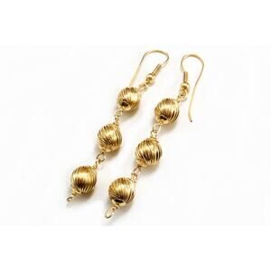 Vintage 3 Tier Puff Corrugated Balls Earrings 2" Drop Dangle / 14K Gold Filled